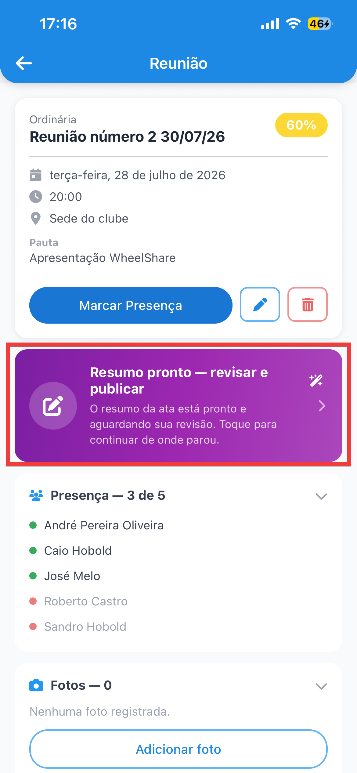 O card avisando que o resumo está esperando revisão