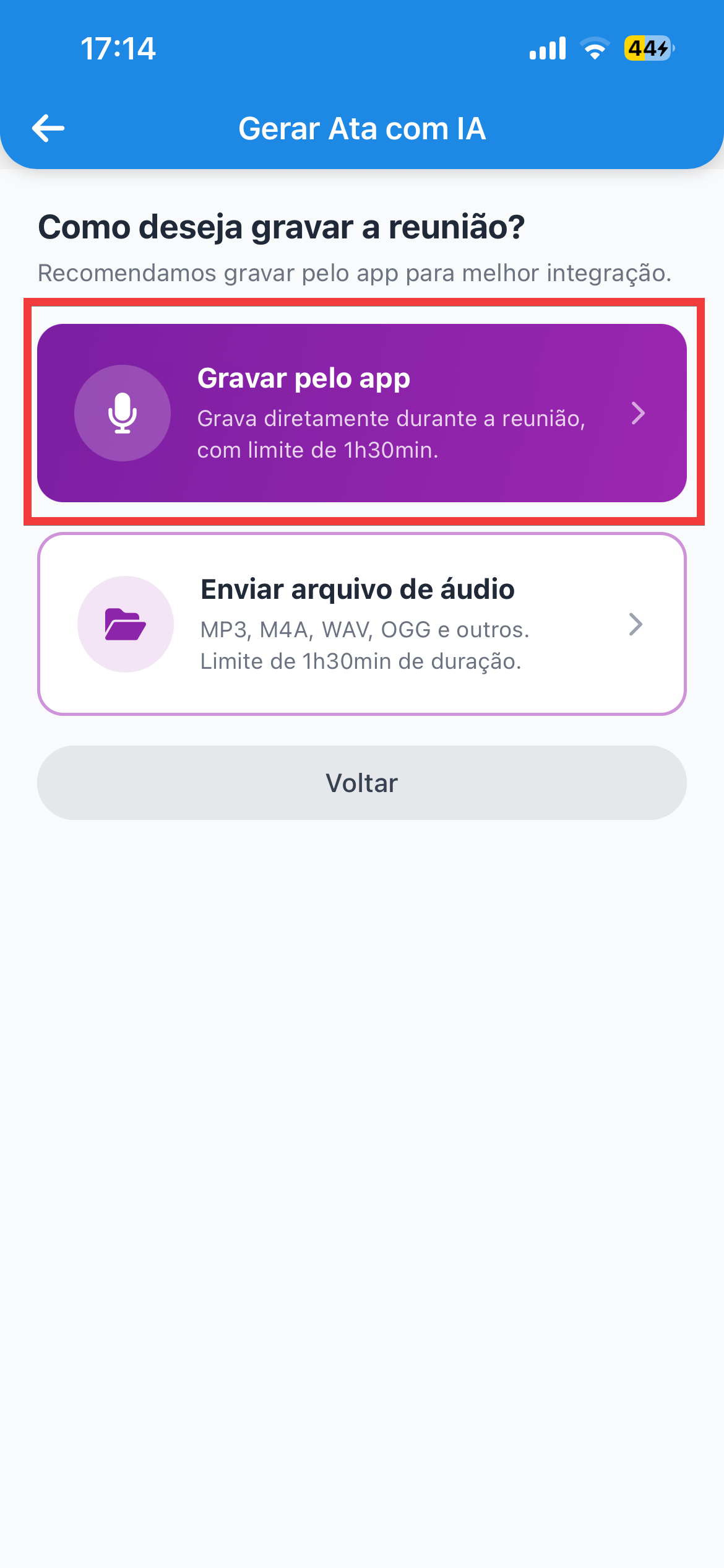 Escolha entre gravar pelo app ou enviar um áudio