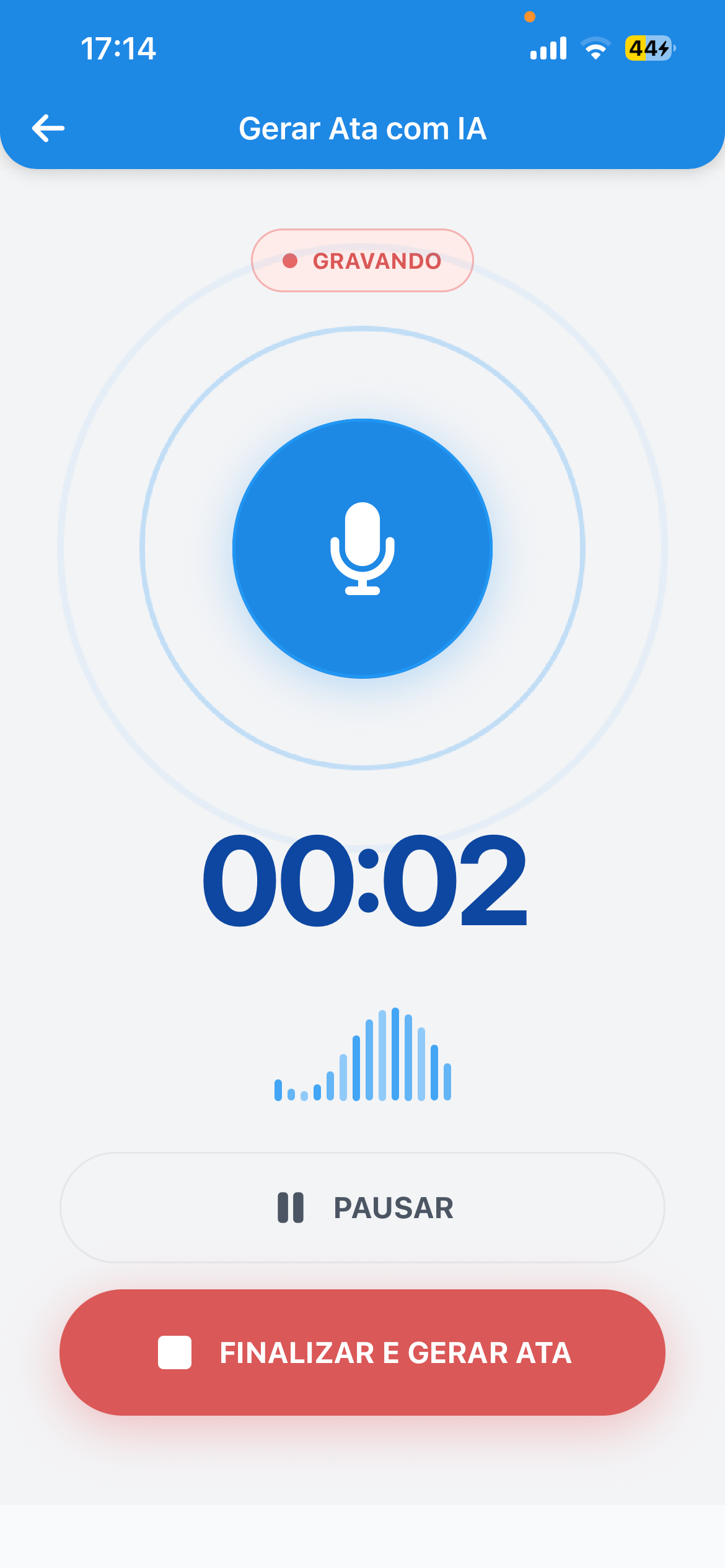 A tela de gravação, mostrando o tempo corrido
