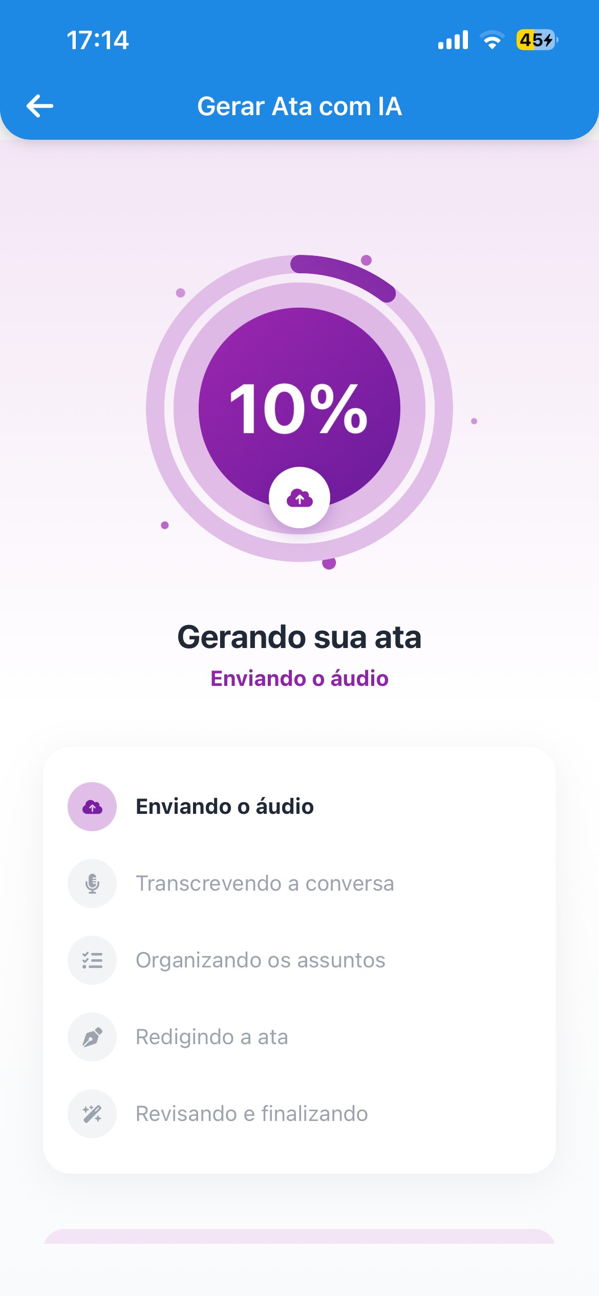 A ata sendo gerada, com as etapas e a porcentagem
