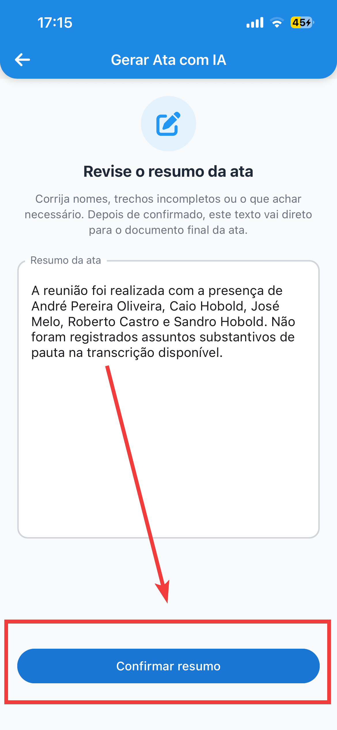 A tela de revisão, com o texto editável