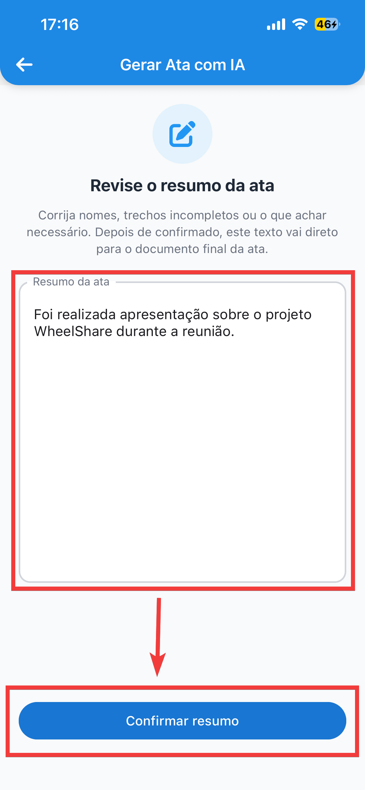 A tela de revisão da ata, com o texto editável