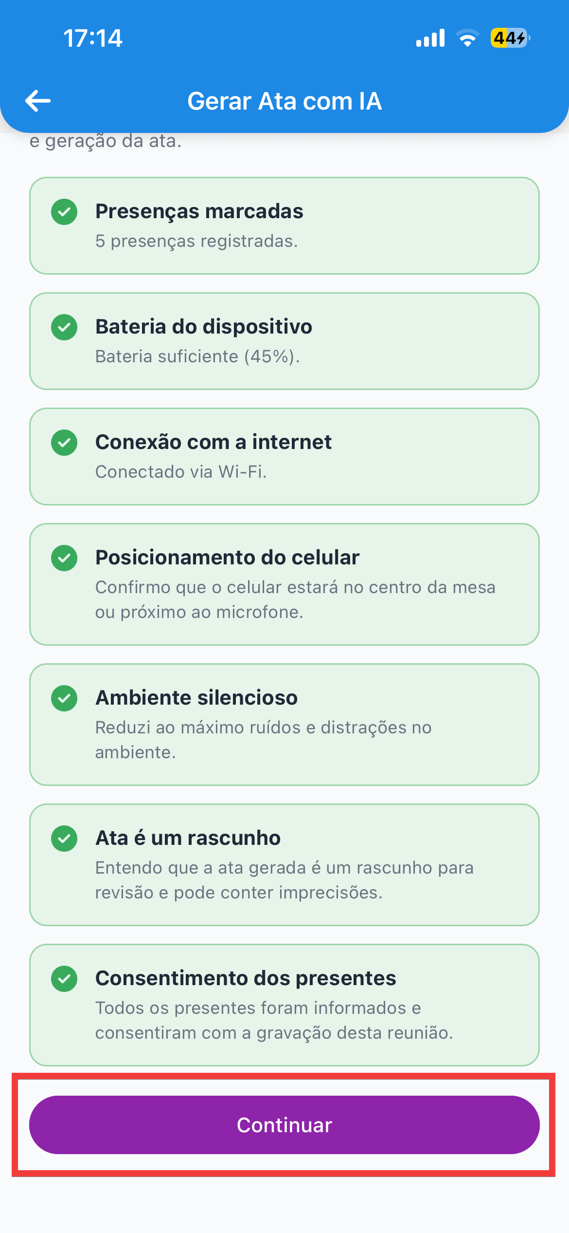 Tela de verificações antes de gravar