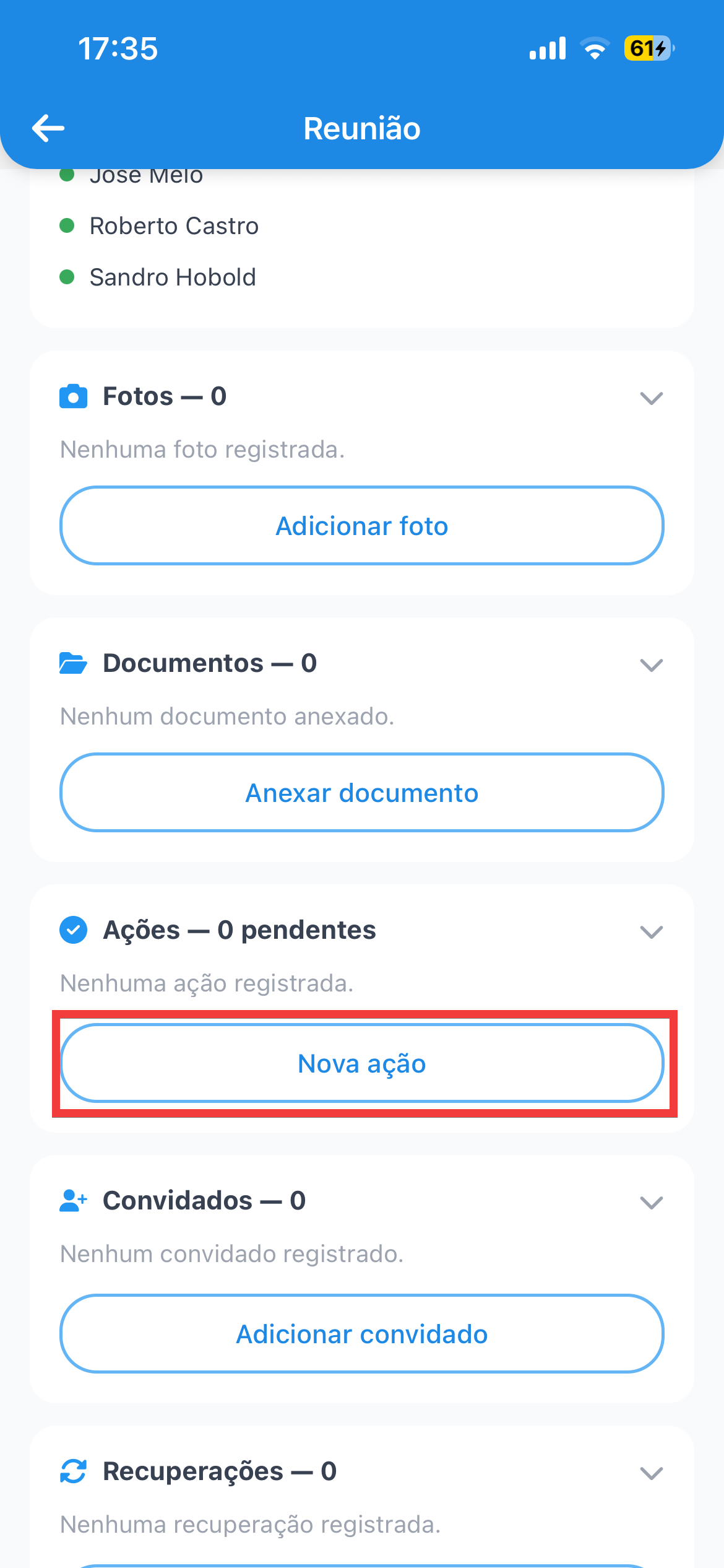O card de ações da reunião