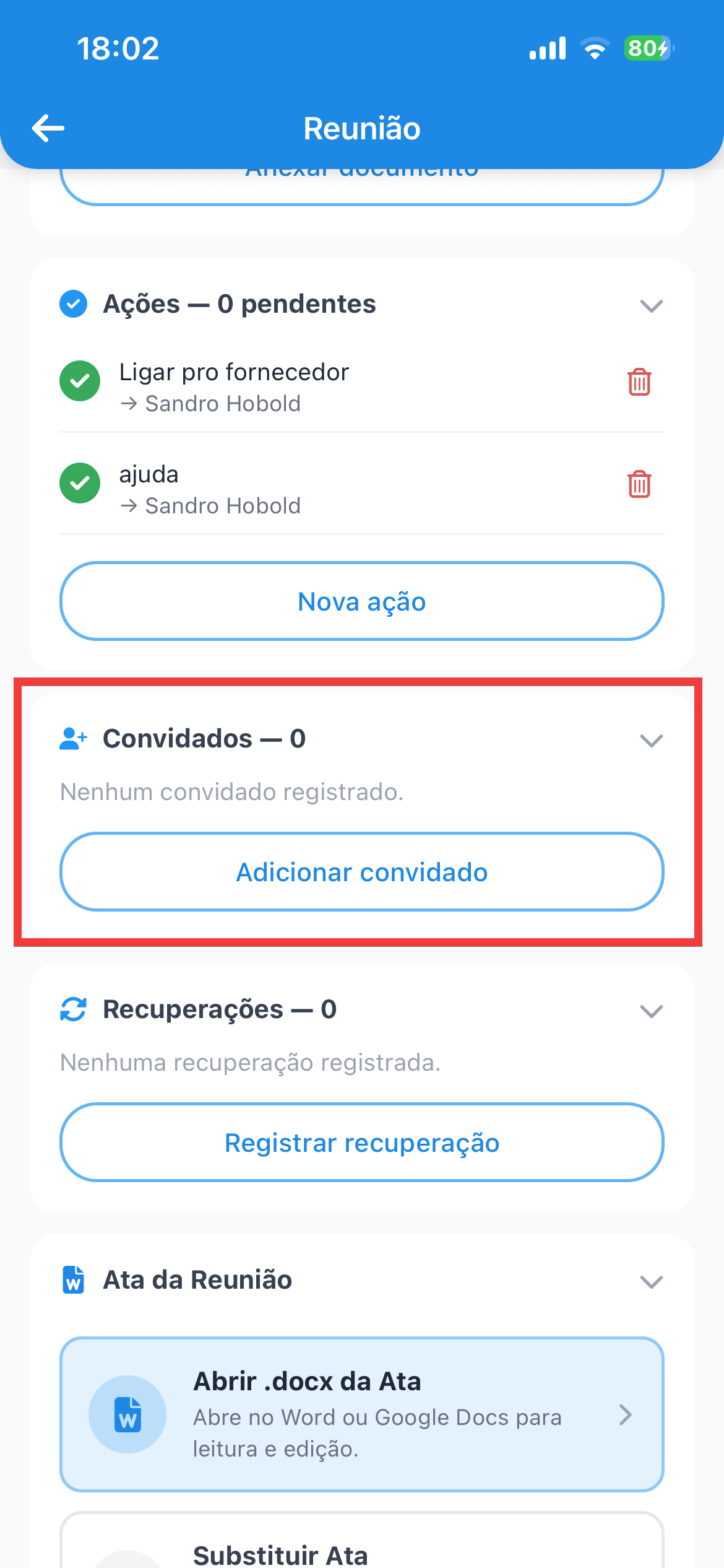 Card de convidados da reunião