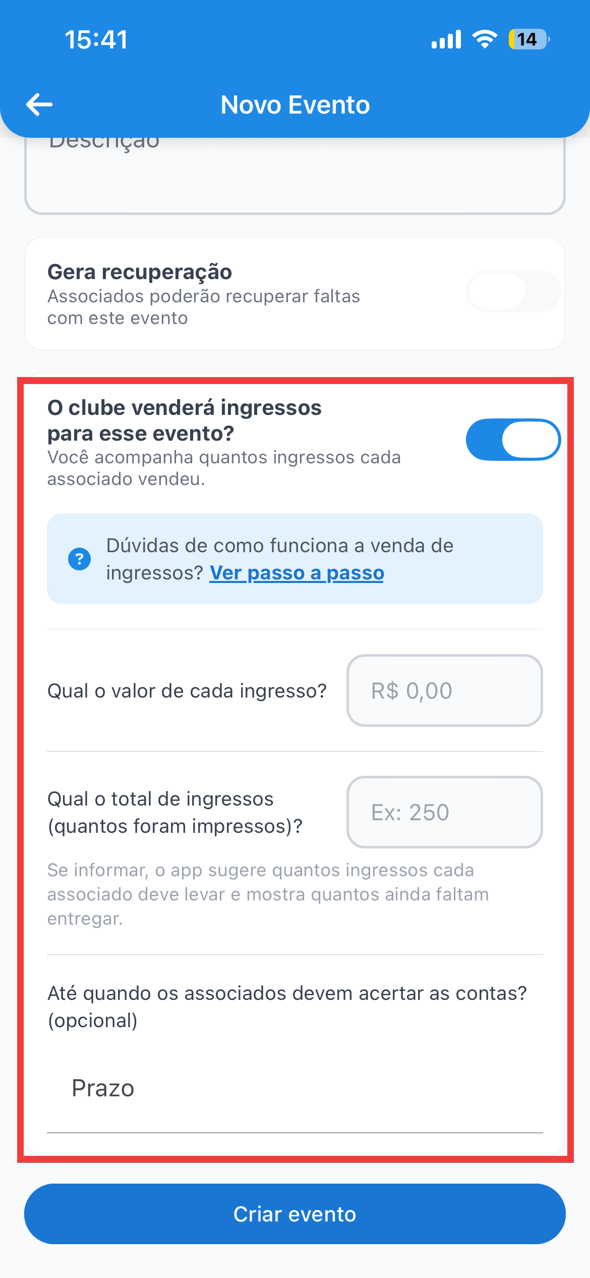 A chave de venda de ingressos, na criação do evento