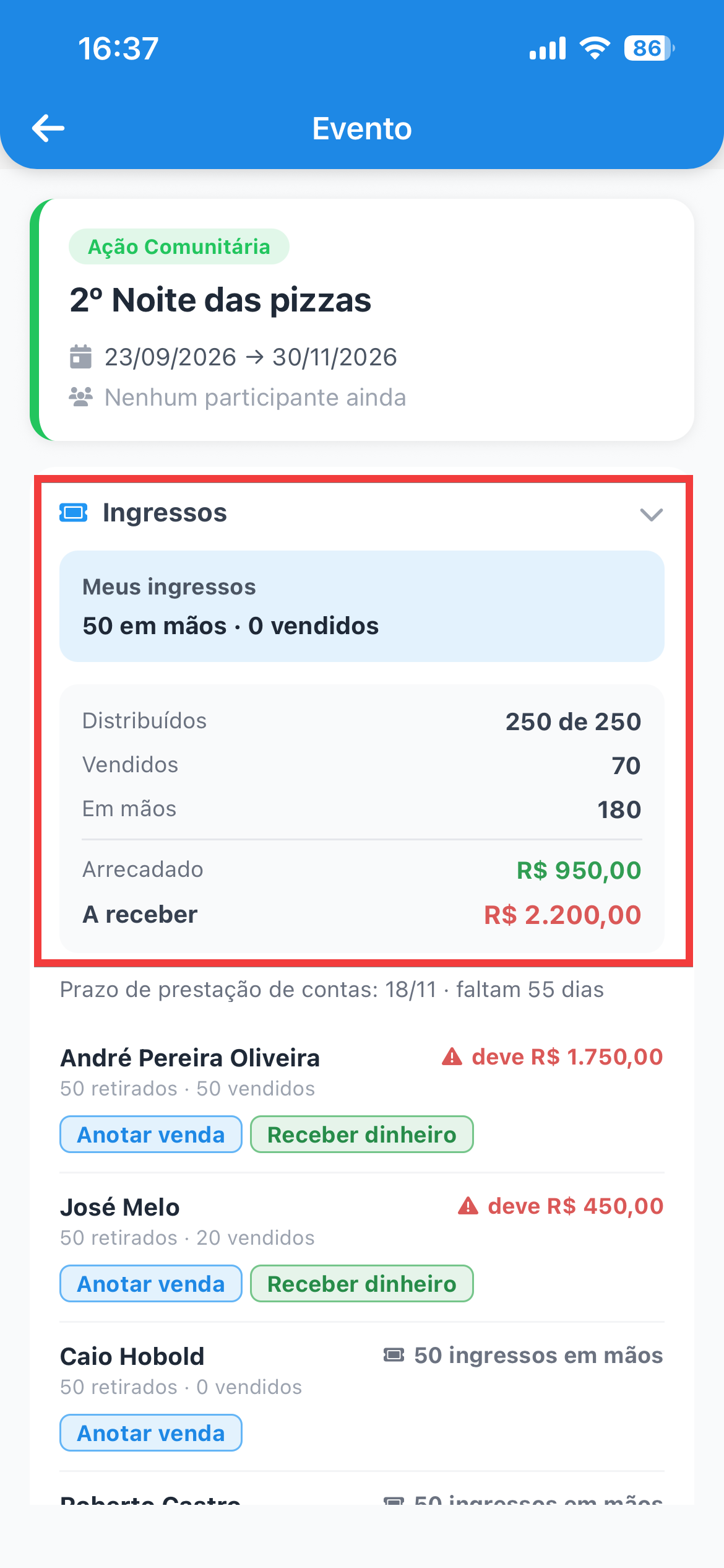 O card de Ingressos, com o resumo do evento