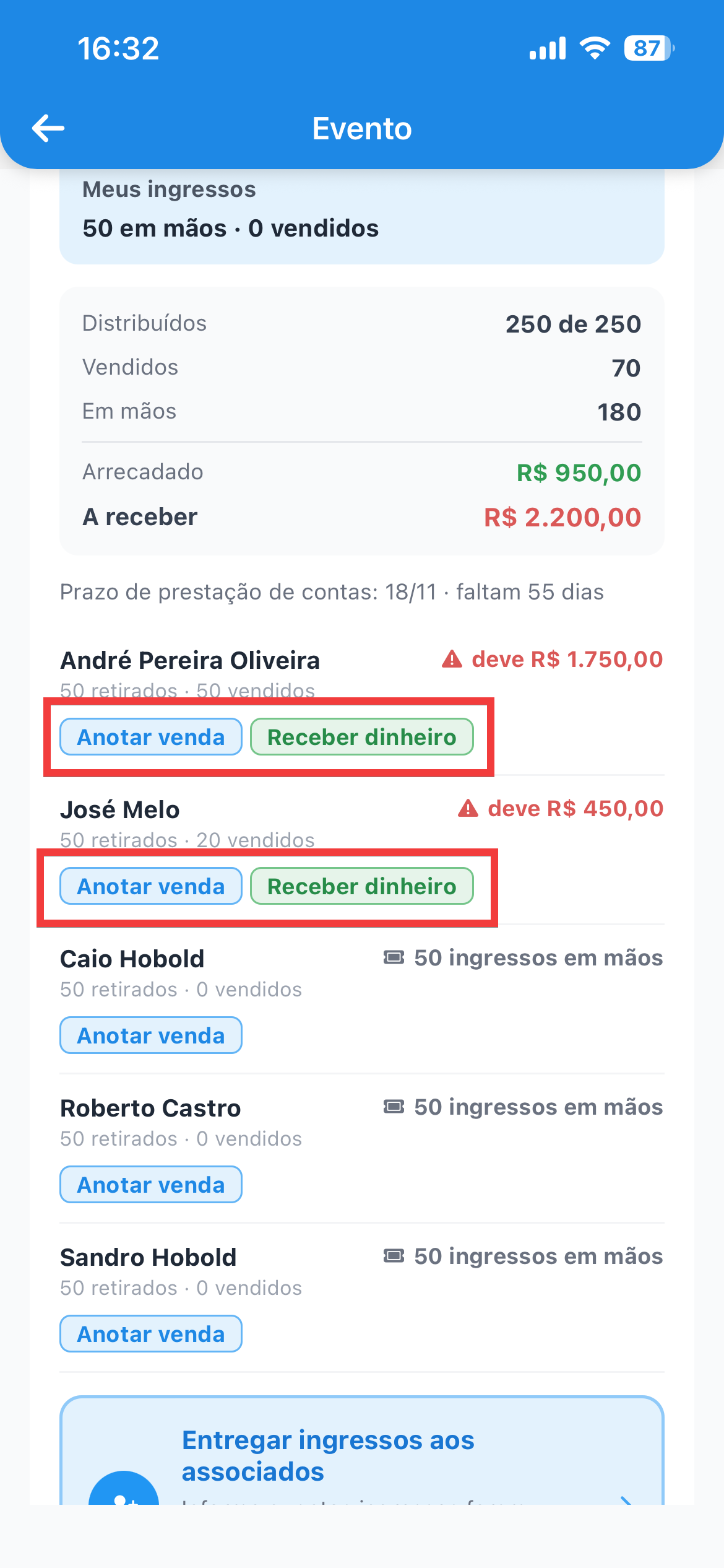 Cada associado com a situação dele e os botões de ação
