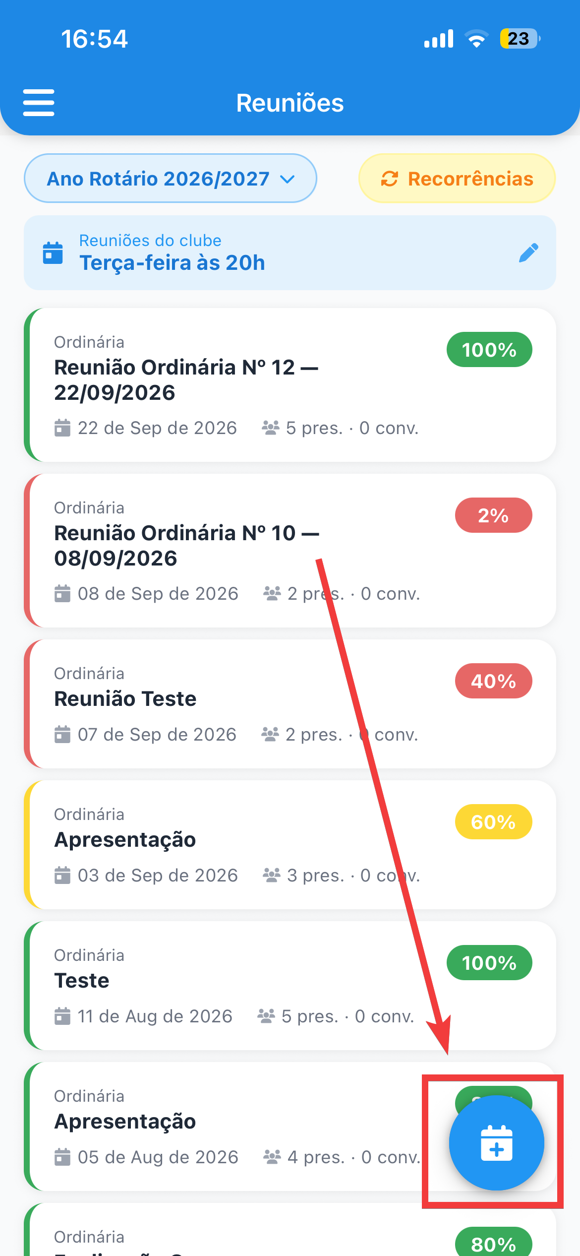 A lista de reuniões, com o botão no canto