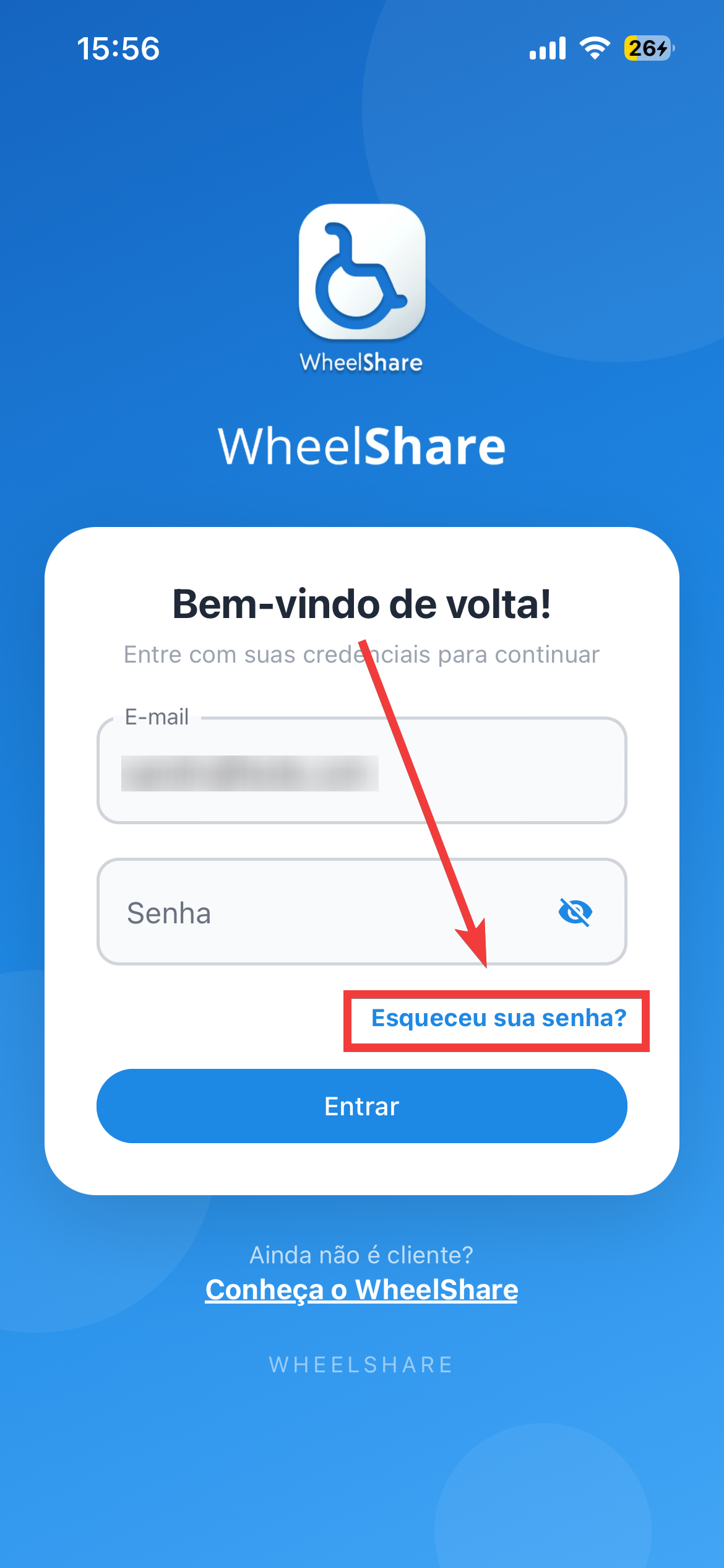 O botão "Esqueceu sua senha?" na tela de entrada