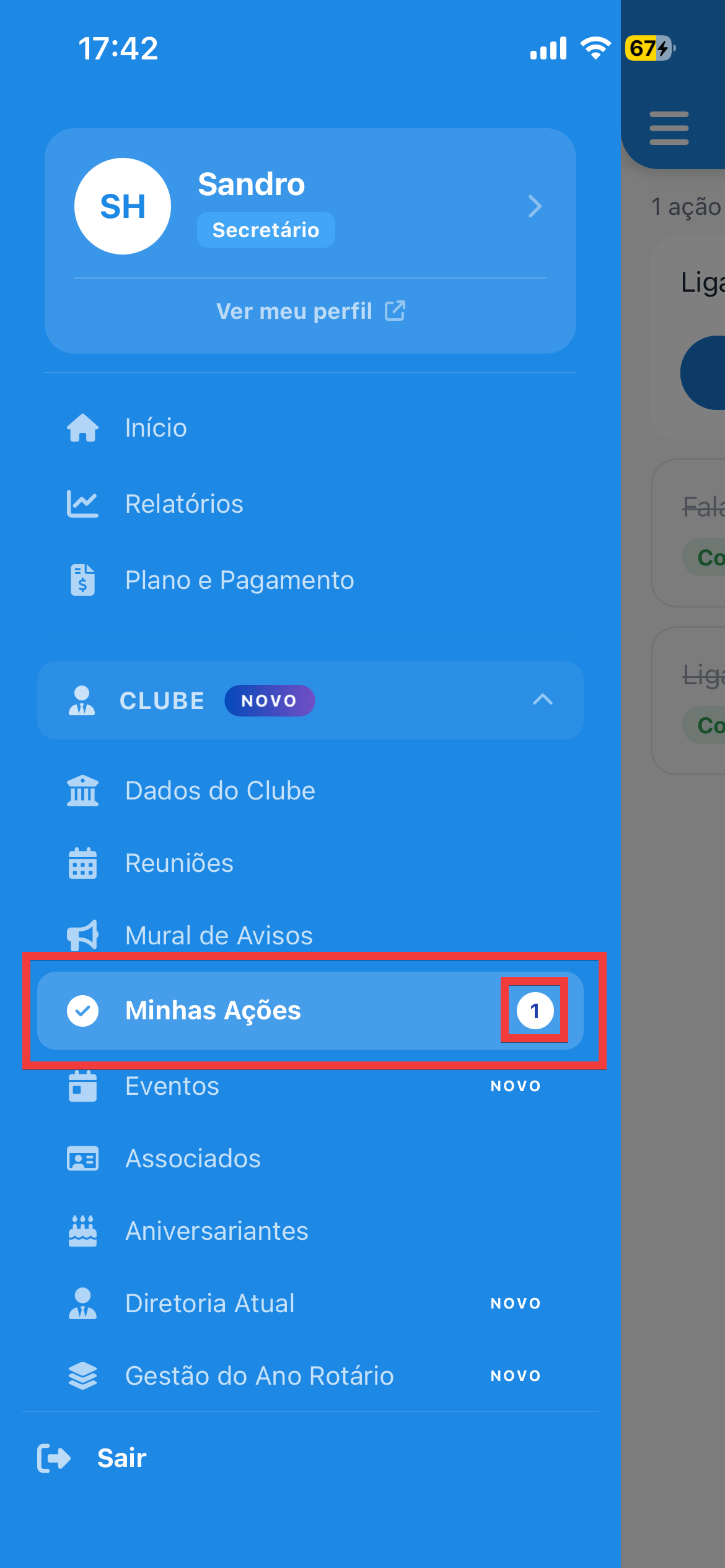 A lista de ações do associado