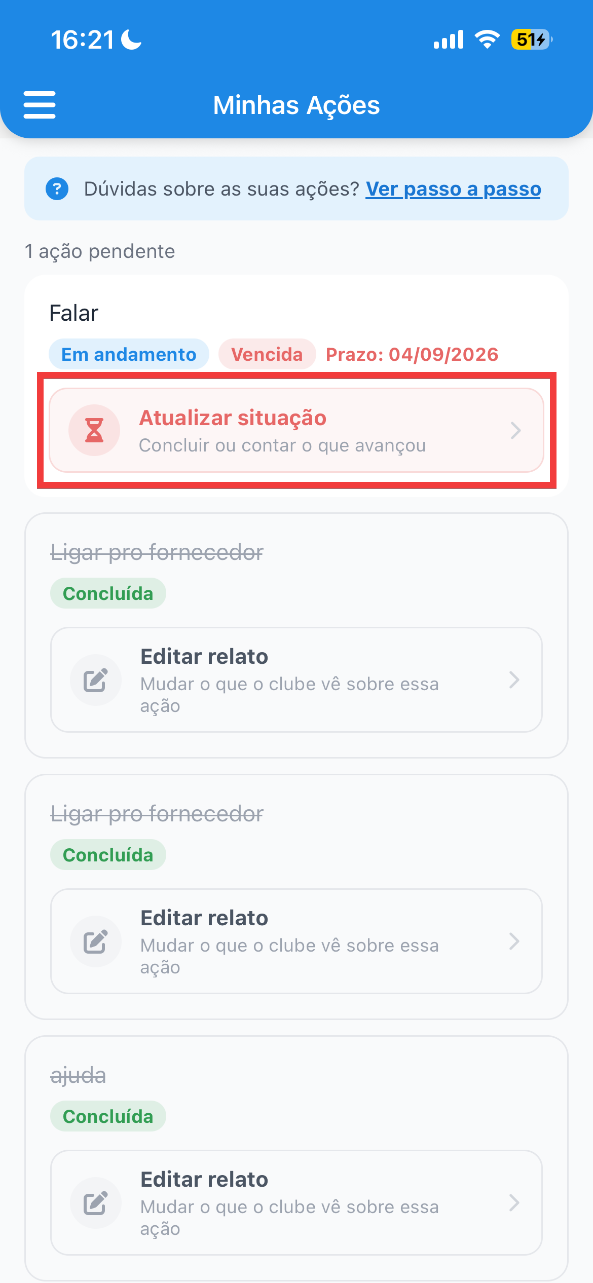 Lista de ações do aplicativo