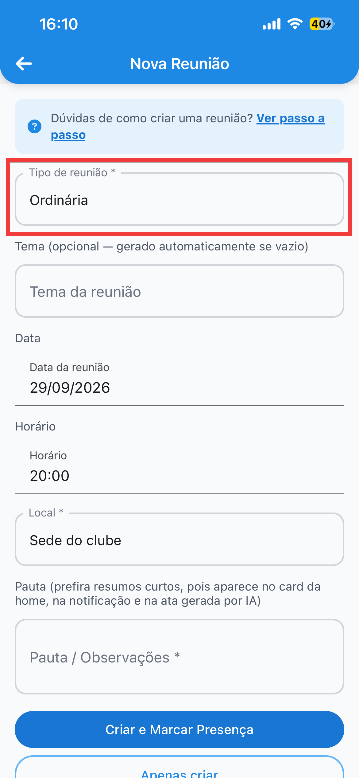 O formulário de nova reunião