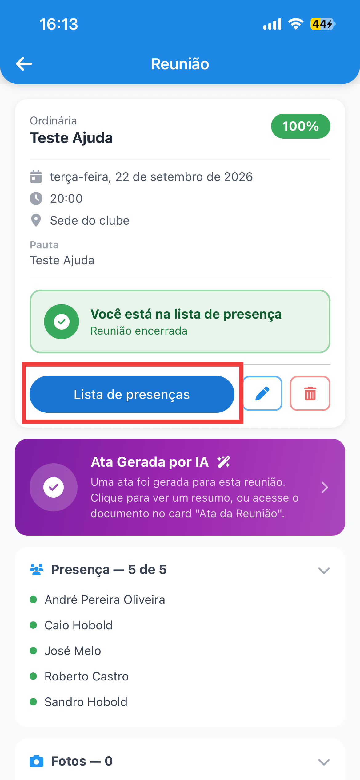 O botão 'Lista de presenças', no card da reunião