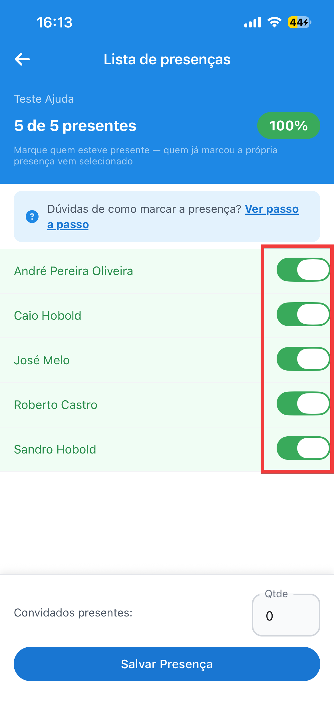 A lista de presença, com uma chave por associado